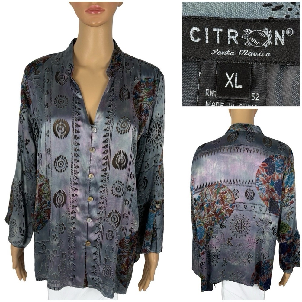 Citron Santa Monica Womens XL Silk Blend Tunic Top Button Front Boho Artsy Gray